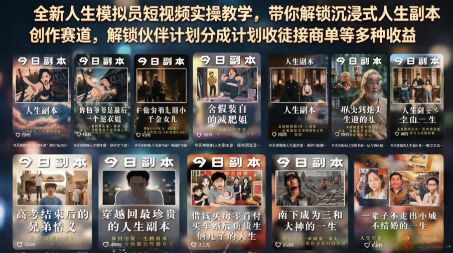 全新人生模拟员短视频实操教学，带你解锁沉浸式人生副本创作赛道，解锁伙伴计划分成计划收徒接商单等多种收益 - 臻优资源网