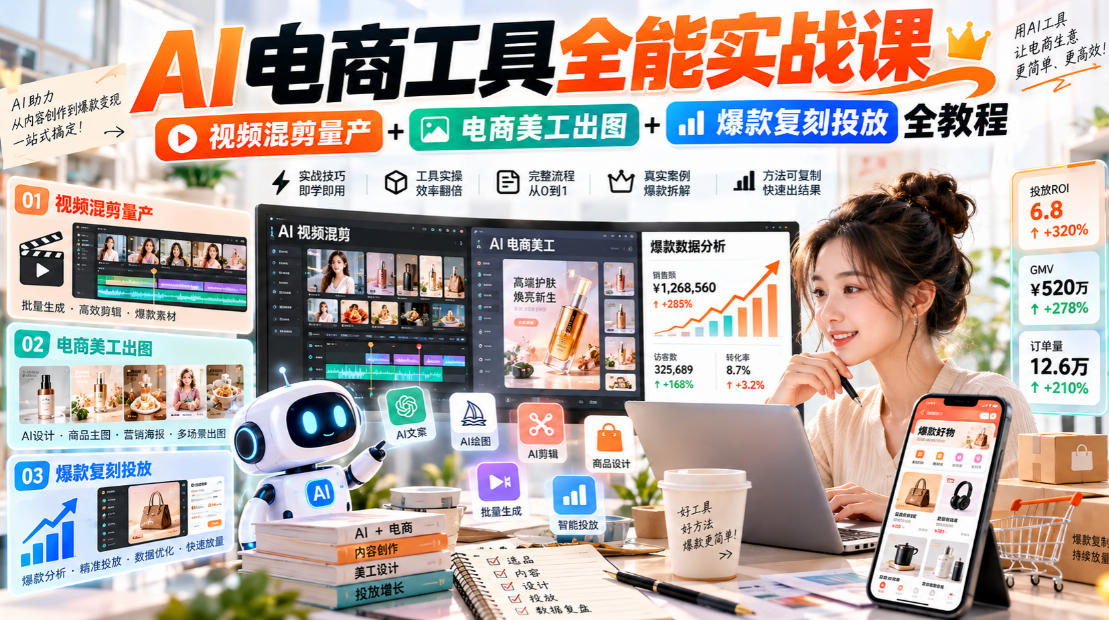 AI电商工具全能实战教学，视频混剪量产+电商美工出图+爆款复刻投放全教程​ - 臻优资源网