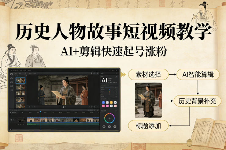 历史人物故事短视频教学，AI+剪辑制作历史人物题材短视频，快速起号涨粉 - 臻优资源网