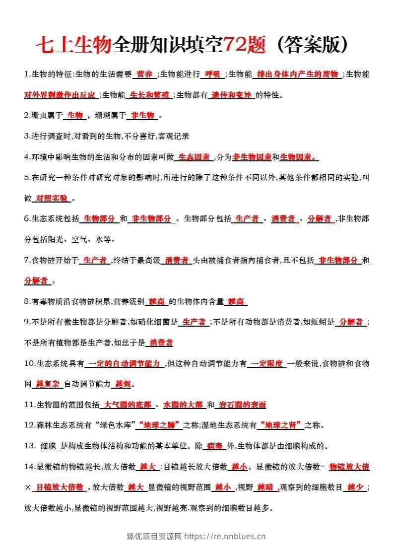 七上生物全册知识点填空72题（答案） - 臻优资源网