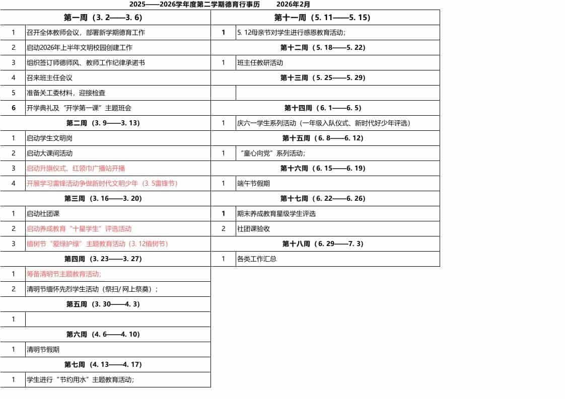 2025——2026学年度第二学期德育行事历 - 臻优资源网