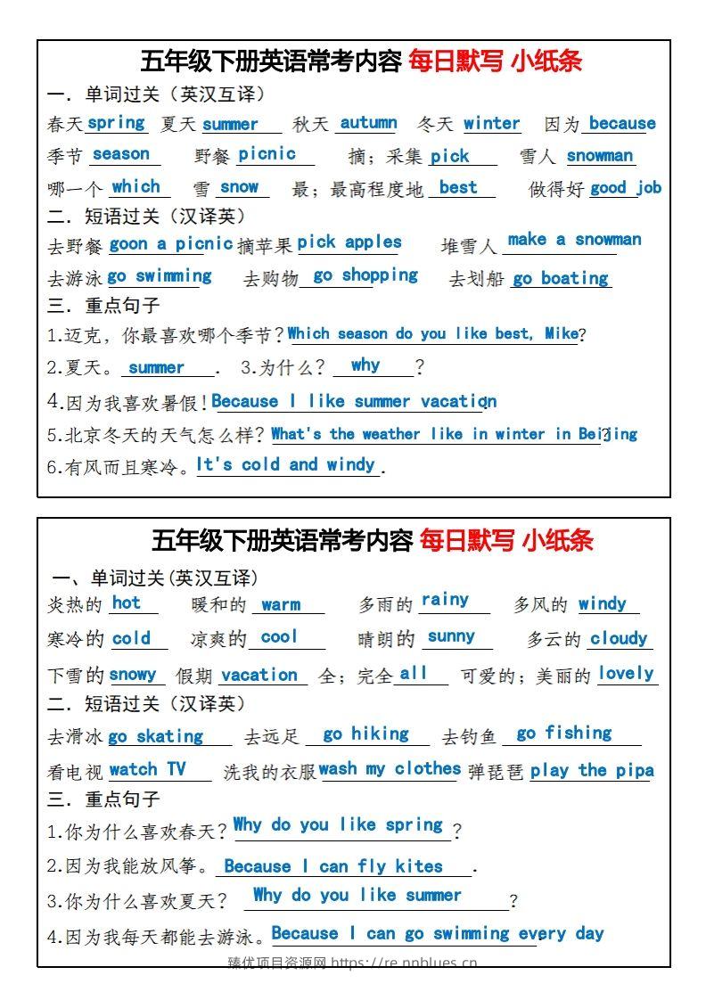 图片[2] - 五年级下册英语常考内容每日默写小纸条 - 臻优资源网