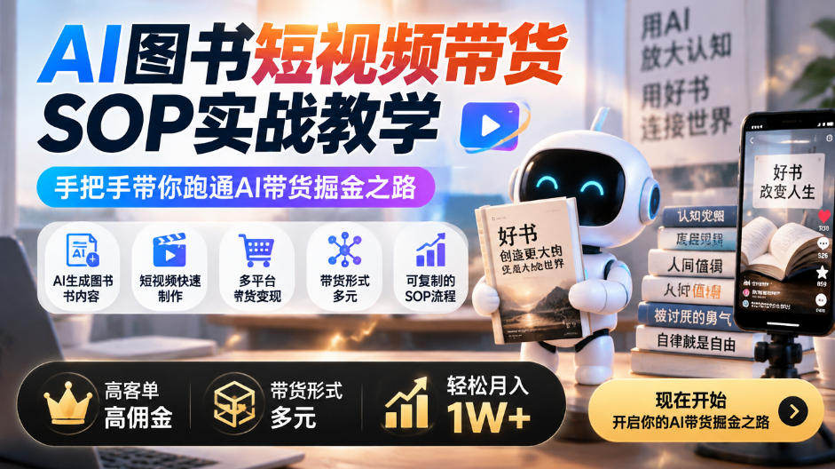 AI图书短视频带货SOP实战教学，手把手带你跑通AI带货掘金之路，高客单高佣金，带货形式多元，轻松月入1W+ - 臻优资源网
