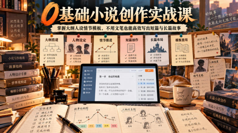 0基础小说创作实战课｜掌握大纲人设情节模板，不用文笔也能高效写出短篇与长篇故事 - 臻优资源网