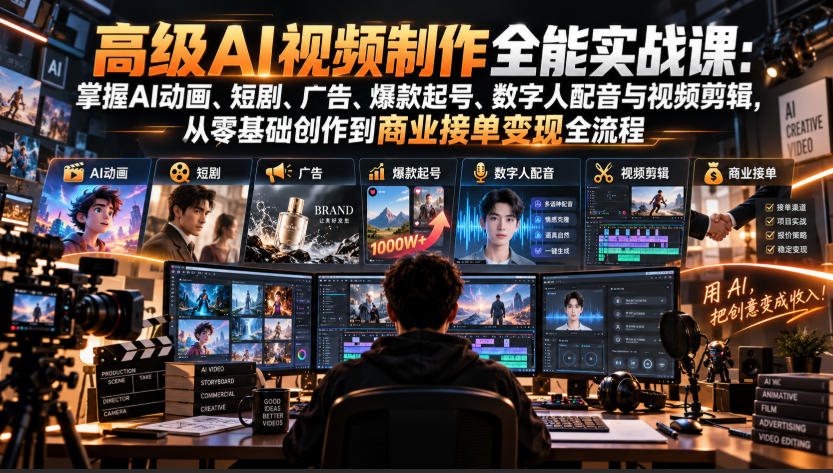 高级AI视频制作全能实战课：掌握AI动画、短剧、广告、爆款起号、数字人配音与视频剪辑，从零基础创作到商业接单变现全流程 - 臻优资源网