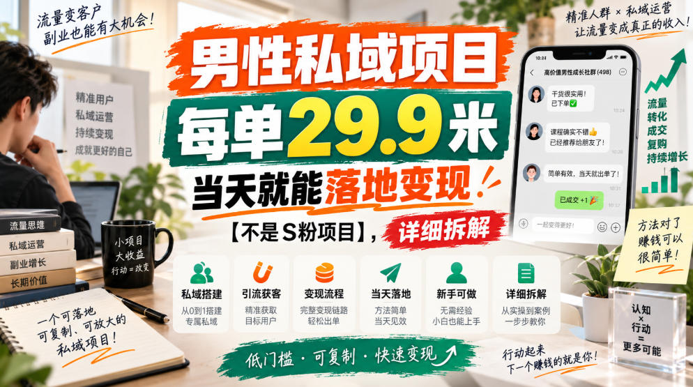 男性私域项目，每单29.9米，当天就能落地变现【不是S粉项目】，详细拆解 - 臻优资源网