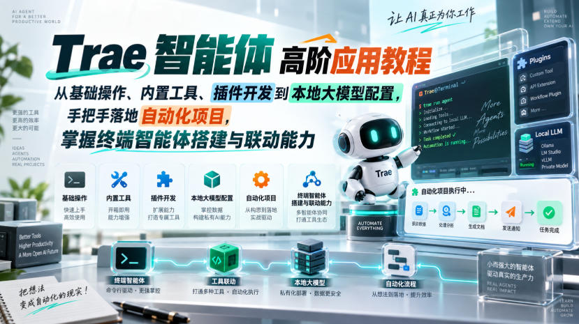 Trae智能体高阶应用教程,从基础操作、内置工具、插件开发到本地大模型配置,手把手落地自动化项目 - 臻优资源网