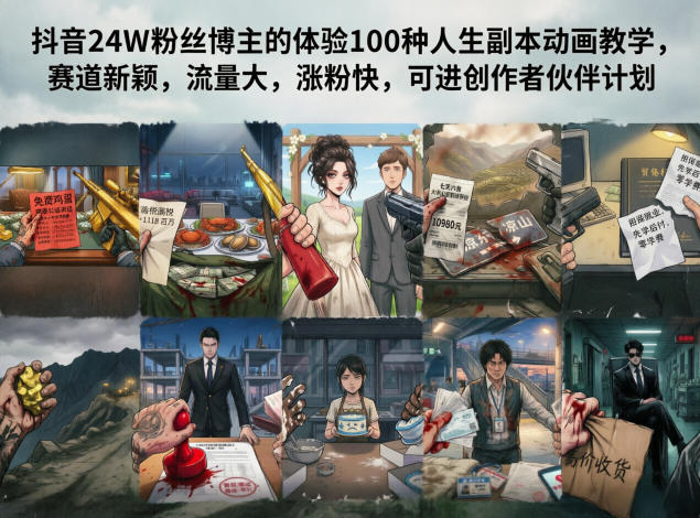 抖音24W粉丝博主的体验100种人生副本动画教学，赛道新颖，流量大，涨粉快，可进创作者伙伴计划 - 臻优资源网