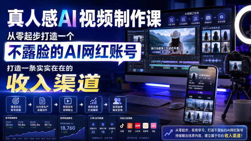 真人感AI视频制作课，从零起步打造一个不露脸的AI网红账号，打造一条实实在在的收入渠道【原创双语字幕】 - 臻优资源网