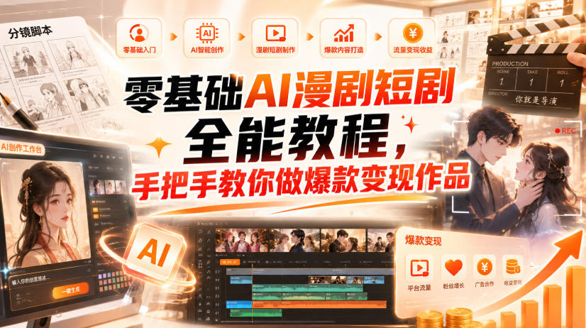 零基础AI漫剧短剧全能教程，从AI智能体搭建、文案脚本分镜、多平台AI生视频、剪映精修，覆盖全题材创作，手把手教你做爆款变现作品 - 臻优资源网