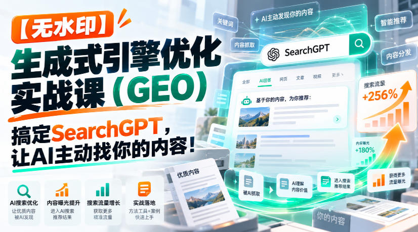 【无水印】生成式引擎优化（GEO）实战课：搞定SearchGPT，让AI主动找你的内容！【原创双语字幕】 - 臻优资源网