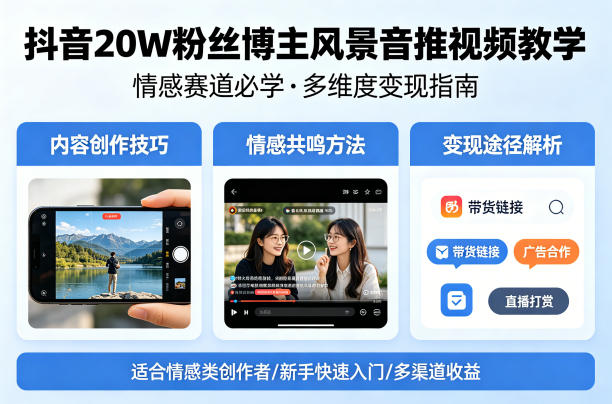 抖音20W粉丝博主风景音推视频教学，情感赛道必学，各种变现途径 - 臻优资源网