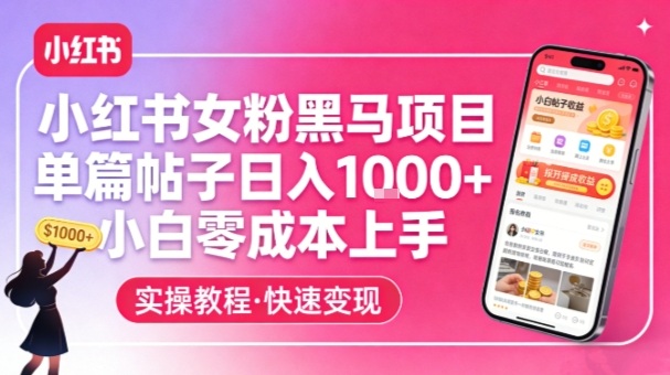 小红书女粉黑马项目,单篇帖子日入1k+,小白零成本上手 - 臻优资源网