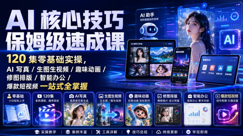 AI核心技巧保姆级速成课｜120集零基础实操，AI写真/生图生视频/趣味动画/修图排版/智能办公/爆款短视频一站式全掌握 - 臻优资源网