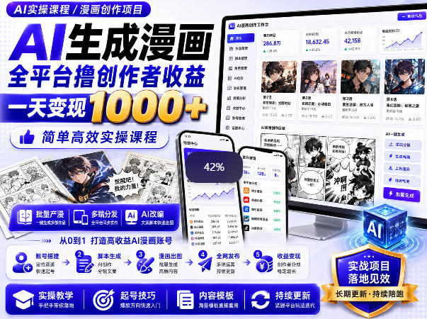 AI生成漫画全平台撸创作者收益内部课程，实操最高单日变现1k+ - 臻优资源网