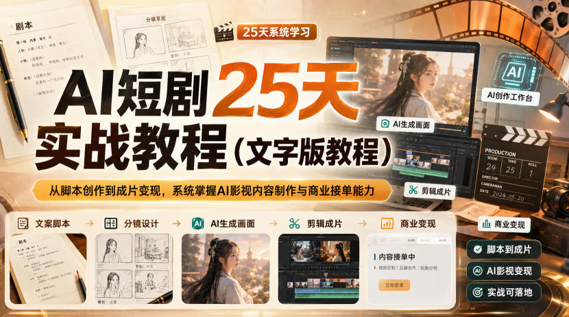AI短剧25天实战教程（文字版教程），从脚本创作到成片变现，系统掌握AI影视内容制作与商业接单能力 - 臻优资源网