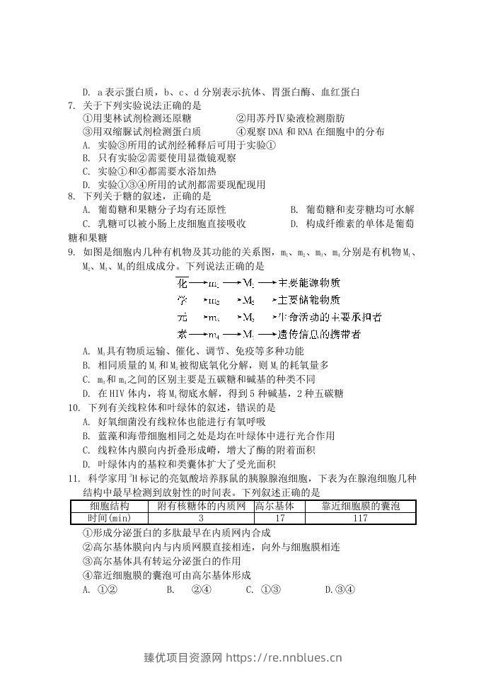图片[2] - 2019-2020年福建省南平市浦城县高一生物上学期期中试卷及答案(Word版) - 臻优资源网