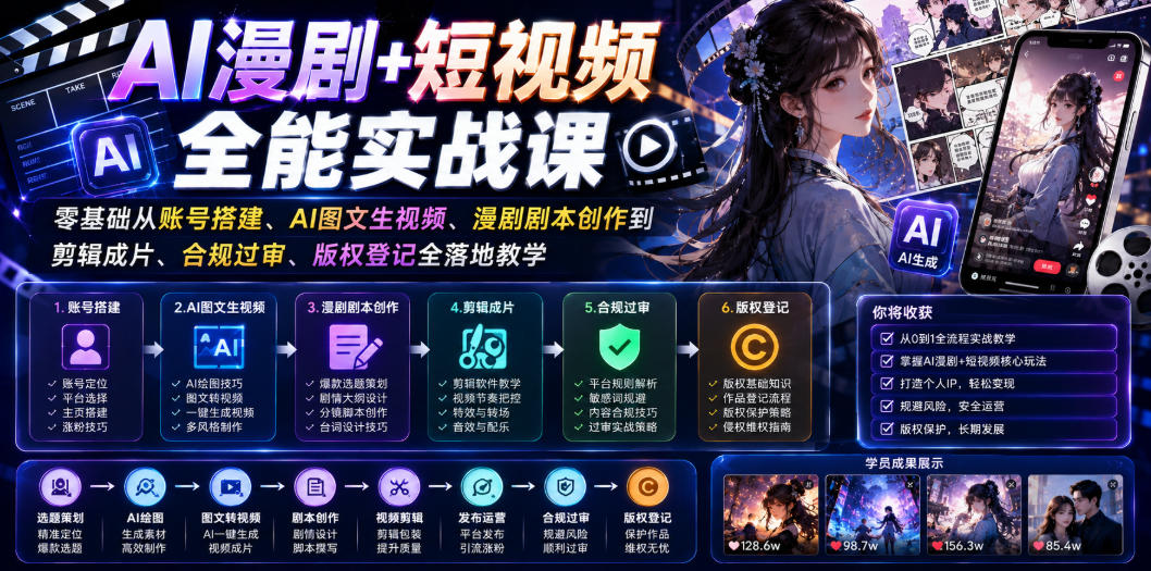 AI漫剧+短视频全能实战课｜零基础从账号搭建、AI图文生视频、漫剧剧本创作到剪辑成片、合规过审、版权登记全落地教学 - 臻优资源网