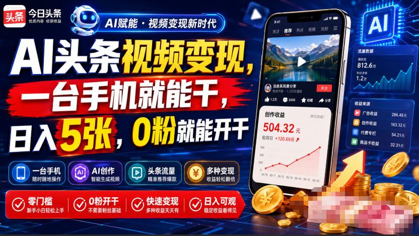 AI头条视频变现，一台手机就能干，日入5张，0粉就能开干 - 臻优资源网