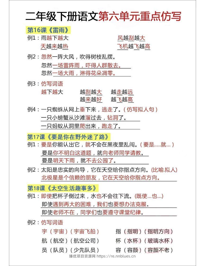 二下语文【第六单元重点仿写】 - 臻优资源网