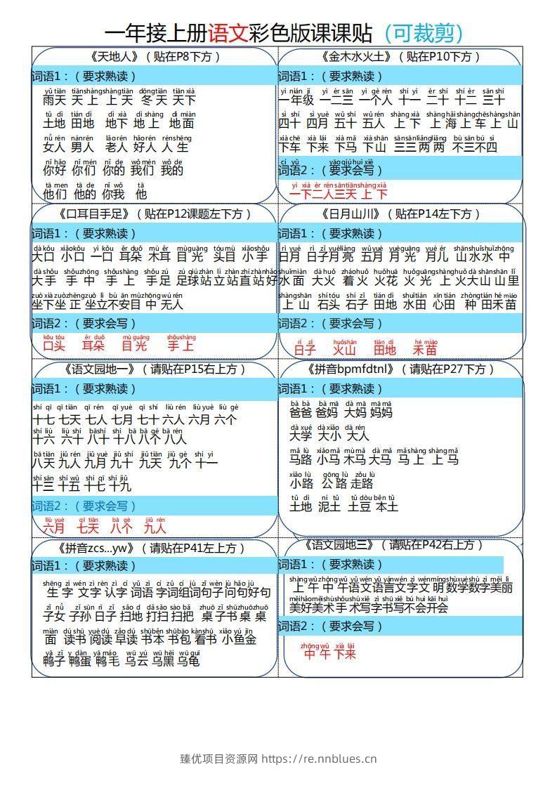 24秋一年级上册语文彩色课课贴 - 臻优资源网