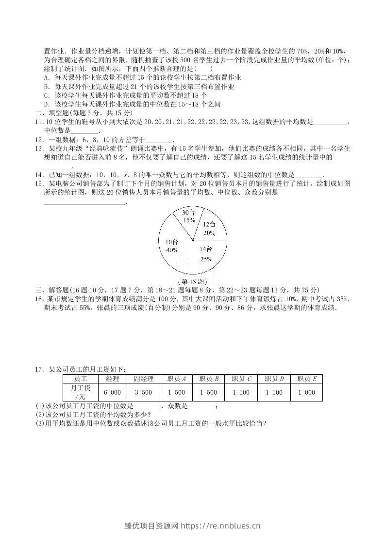 图片[2] - 2022-2023学年北师大版八年级数学上册第六章数据的分析单元测试题及答案(Word版) - 臻优资源网