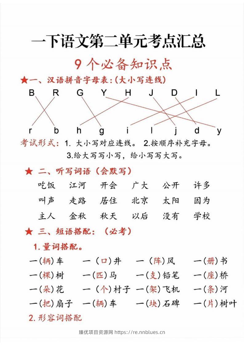 一年级语文下册第二单元考点 - 臻优资源网