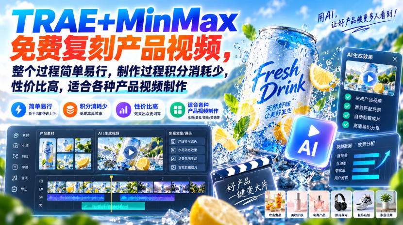 TRAE+MinMax免费复刻产品视频，整个过程简单易行，制作过程积分消耗少，性价比高，适合各种产品视频制作 - 臻优资源网
