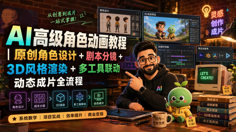 AI高级角色动画教程｜原创角色设计+剧本分镜+3D风格渲染+多工具联动动态成片全流程【中英字幕】 - 臻优资源网