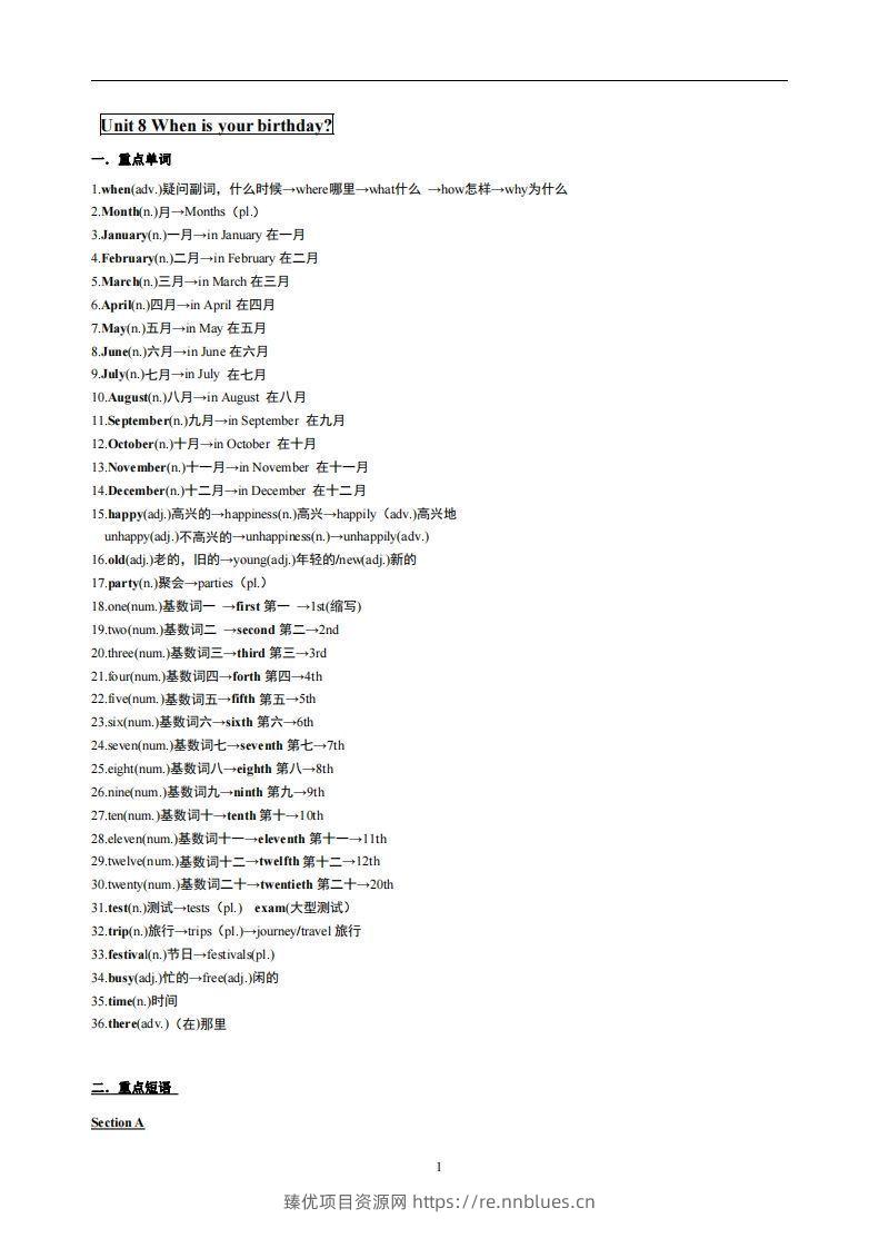 8.人教版七年级上英语Unit8复习提纲 - 臻优资源网