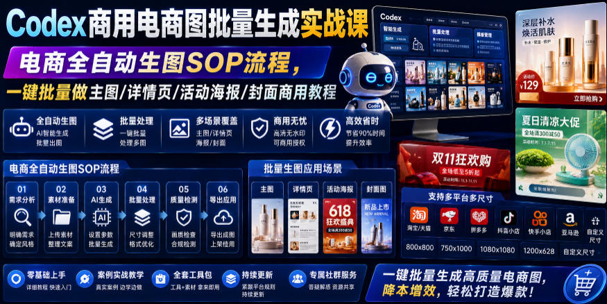Codex商用电商图批量生成实战课｜电商全自动生图SOP流程，一键批量做主图/详情页/活动海报/封面商用教程 - 臻优资源网