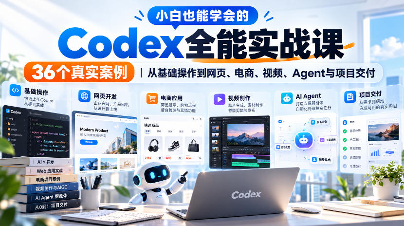 小白也能学会的Codex全能实战课｜36个真实案例，从基础操作到网页、电商、视频、Agent与项目交付 - 臻优资源网