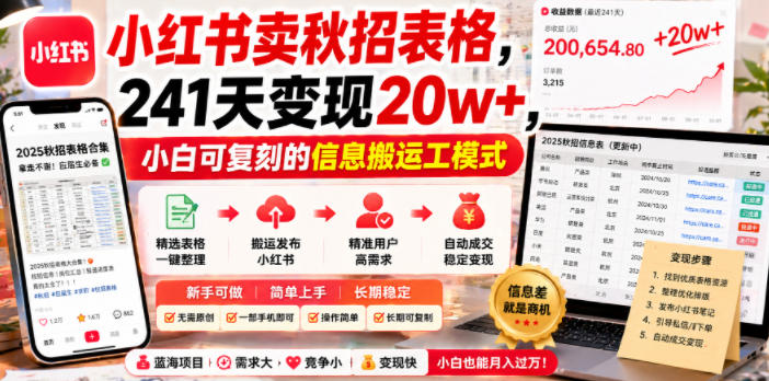 小红书卖秋招表格，241天变现20w+，小白可复刻的信息搬运工模式 - 臻优资源网