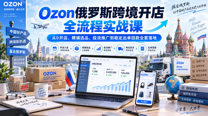 Ozon俄罗斯跨境开店全流程实战课｜从0开店、精铺选品、投流推广到稳定出单回款全套落地 - 臻优资源网