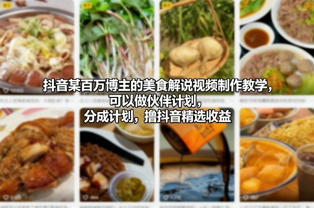 抖音某百万博主的美食解说视频制作教学，可以做伙伴计划，分成计划，撸抖音精选收益 - 臻优资源网
