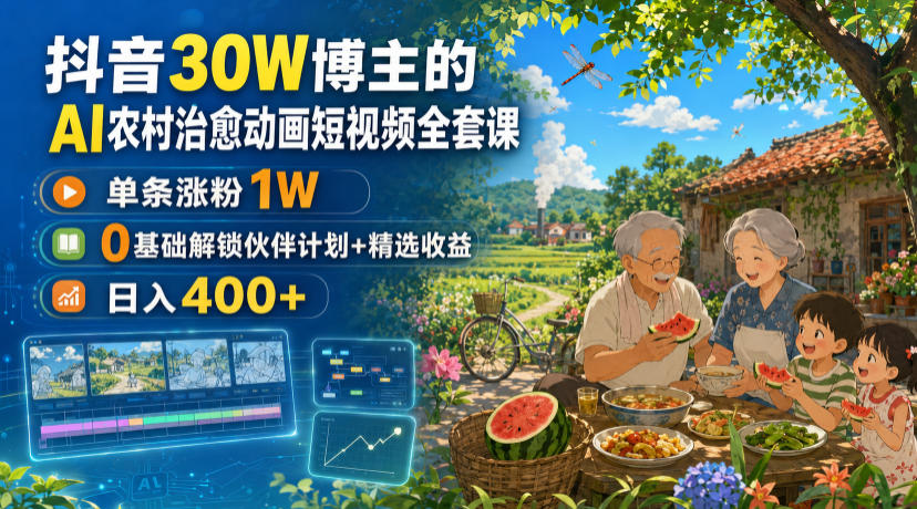 抖音30W博主的AI农村治愈动画短视频全套课｜单条涨粉1W，0基础解锁伙伴计划+精选收益，日入400+ - 臻优资源网