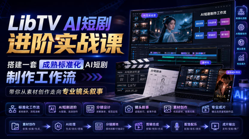 LibTV AI短剧进阶实战课，搭建一套成熟标准化AI短剧制作工作流，带你从素材创作走向专业镜头叙事 - 臻优资源网