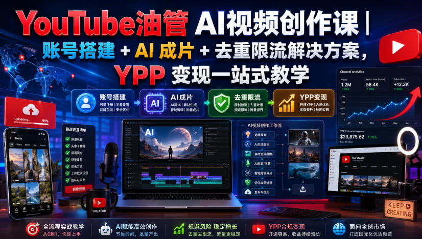 YouTube油管AI视频创作课｜账号搭建+AI成片+去重限流解决方案，YPP变现一站式教学 - 臻优资源网