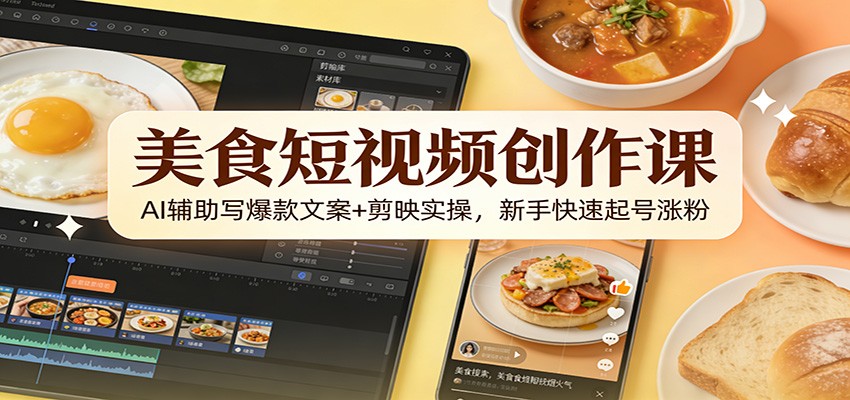美食短视频创作课：AI辅助写爆款文案+剪映实操，新手快速起号涨粉 - 臻优资源网