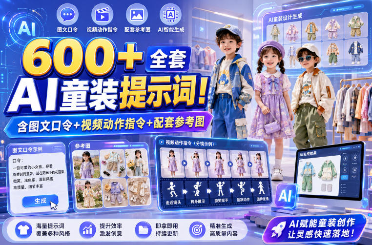 600+全套AI童装提示词！含图文口令+视频动作指令+配套参考图，Word-Excel规整分类，童装电商、种草无脑量产内容！ - 臻优资源网