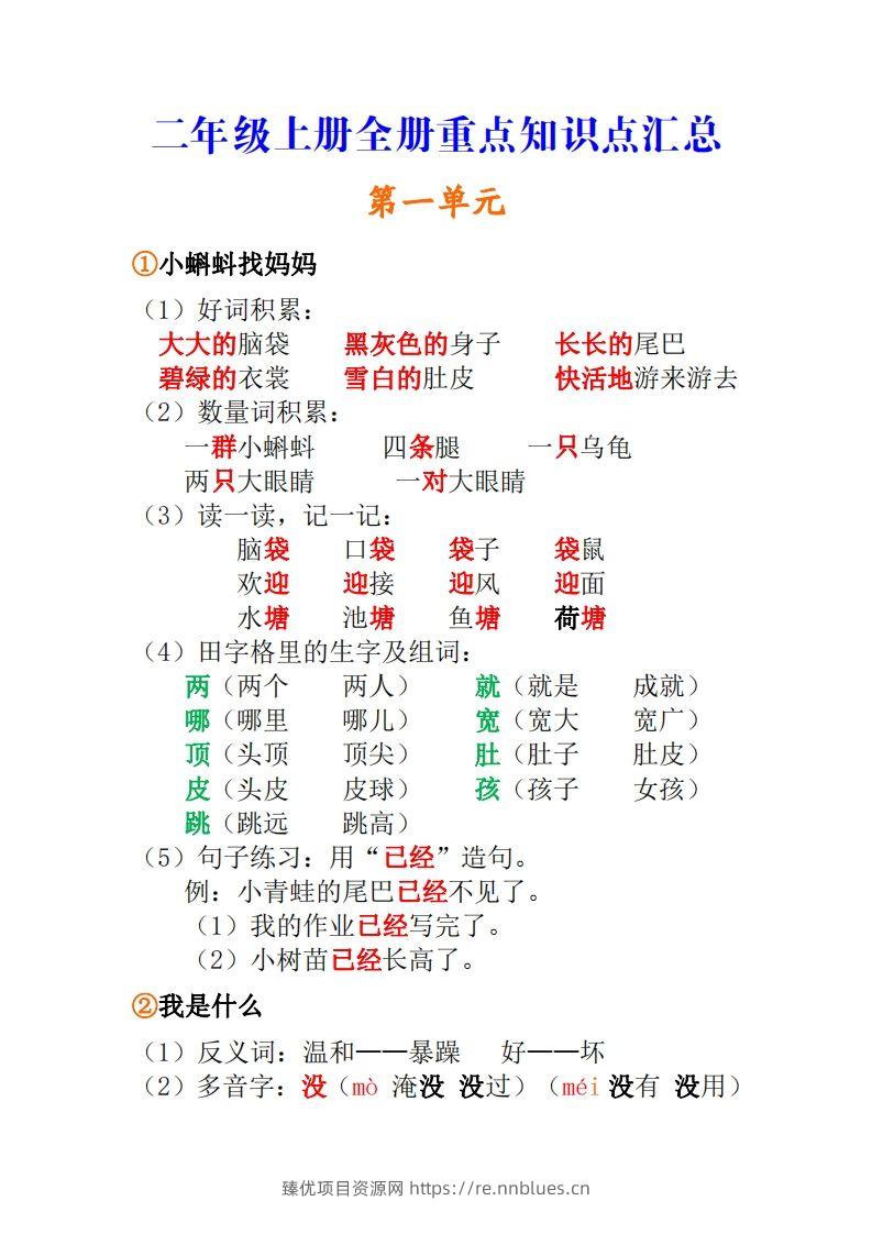 二年级上册语文全册重点知识点汇总 - 臻优资源网