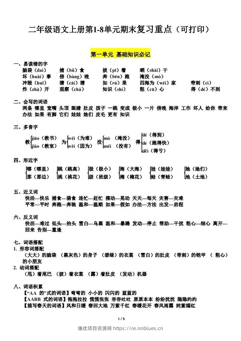 二（上）语文1-8单元期末复习重点 - 臻优资源网