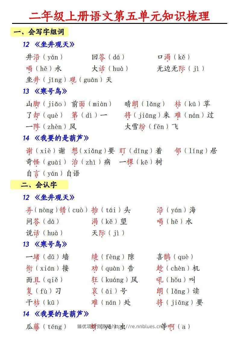 【第五单元知识梳理】二上语文 - 臻优资源网