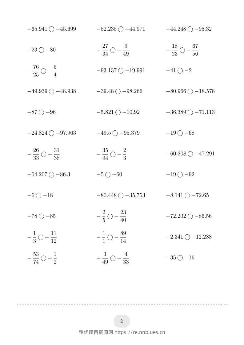 图片[2] - 六年级数学下册口算题(负数比大小)1000题（人教版） - 臻优资源网