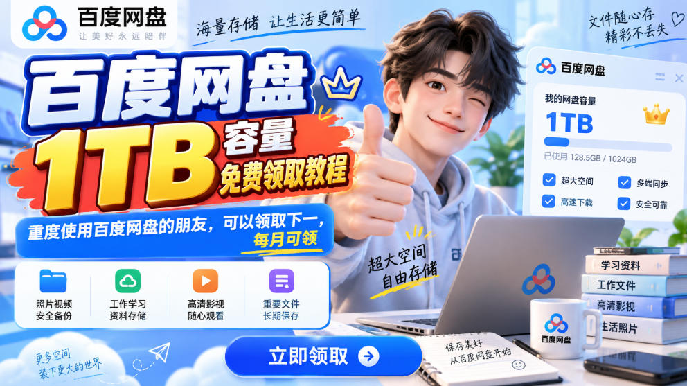 百度网盘1TB容量免费领取教程，重度使用百度网盘的朋友，可以领取下一，每月可领 - 臻优资源网