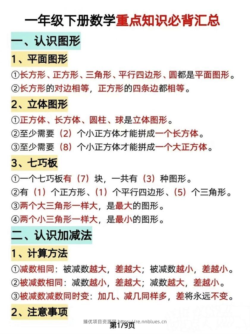 数学一年级下册必背知识点汇总（简洁版） - 臻优资源网