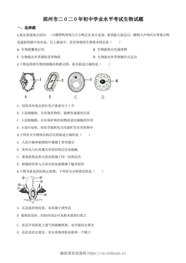 山东省滨州市2020年中考生物试题（空白卷） - 臻优资源网