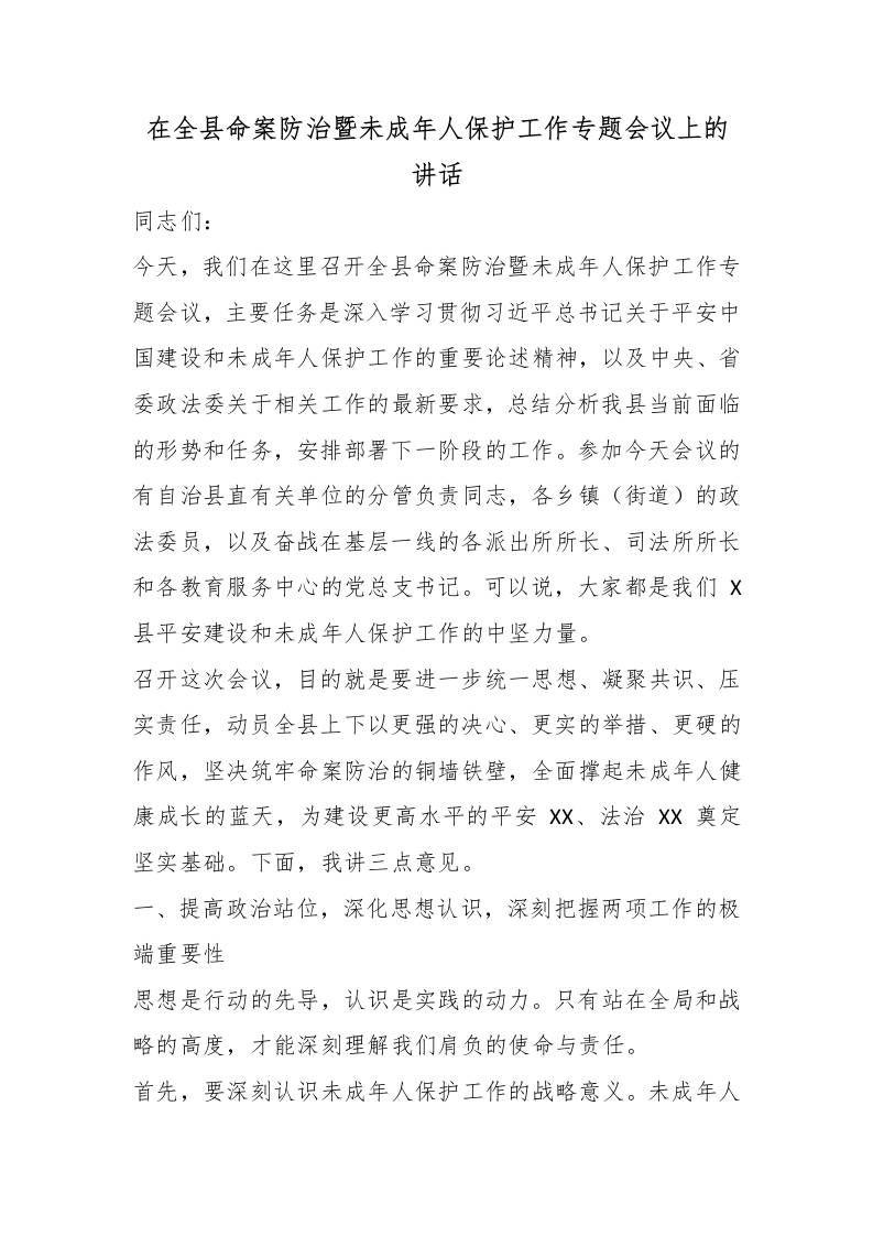 在全县命案防治暨未成年人保护工作专题会议上的讲话 - 臻优资源网