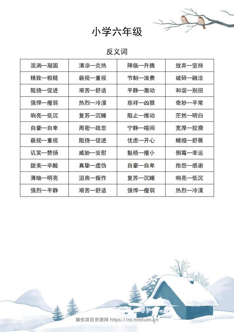 六年级语文近义词和反义词汇总 - 臻优资源网
