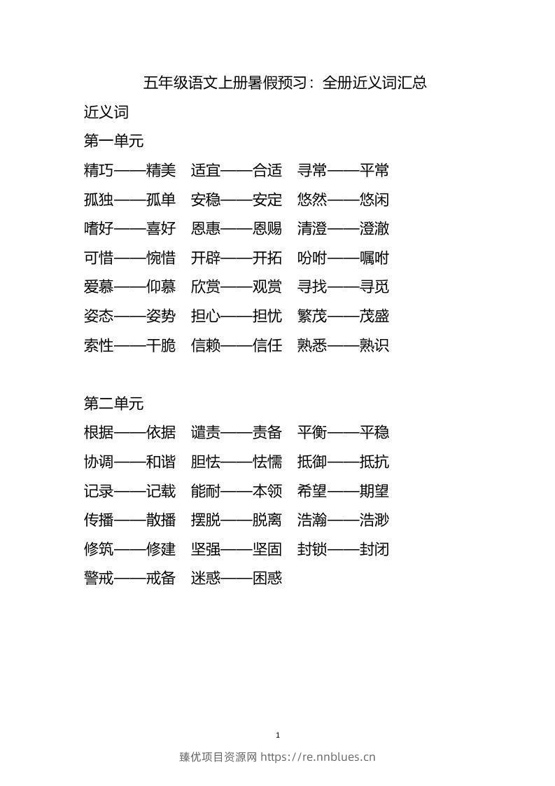 五上语文近.反义词汇总 - 臻优资源网